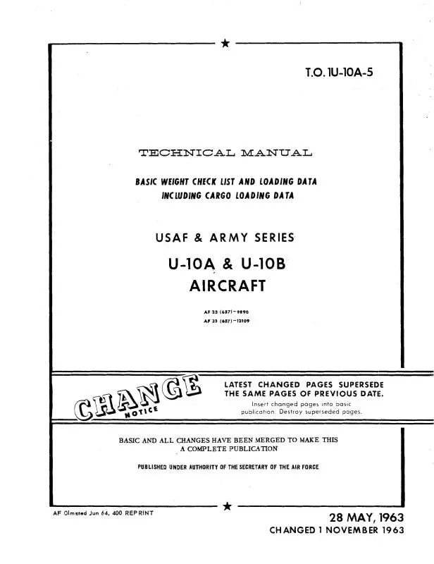 Helio Aircraft Corporation U-10A, B Usaf & Army 1963 Basic Weight Checklist & Loading Data (1U-10A-5) 1