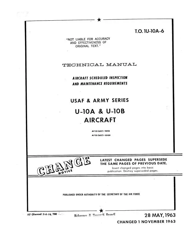 Helio Aircraft Corporation U-10A, B Usaf & Army 1963 Inspection & Maintenance Requirements (1U-10A-6) 1