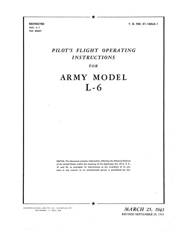 Interstate L-6 Airplane 1943 Pilot's Flight Operating Instructions (01-160La-1) 1