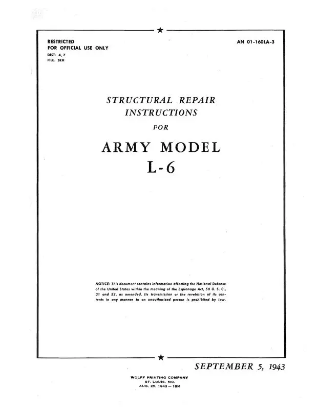 Interstate L-6 Airplane 1943 Structural Repair Instructions (01-160La-3) 1
