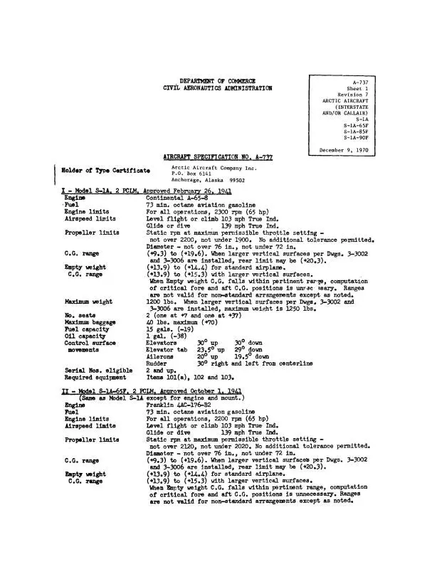 Interstate S-1A,S-1A-65F,85F,90F 1970 Aircraft Specification (Spec.-No.-A-737) 1