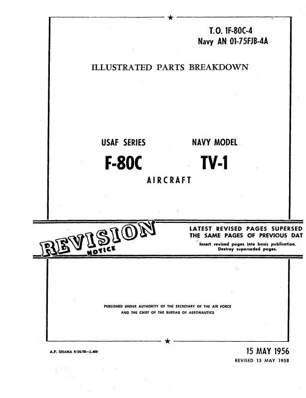 Lockheed F-80C Usaf & Tv-1 Navy 1956 Illustrated Parts Breakdown (1F-80C-4) 1