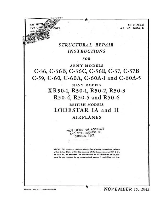 Lockheed  Lodestar Ia & Ii 1943 Structural Repair Instructions (Lhc56-43-Sr-C) 1