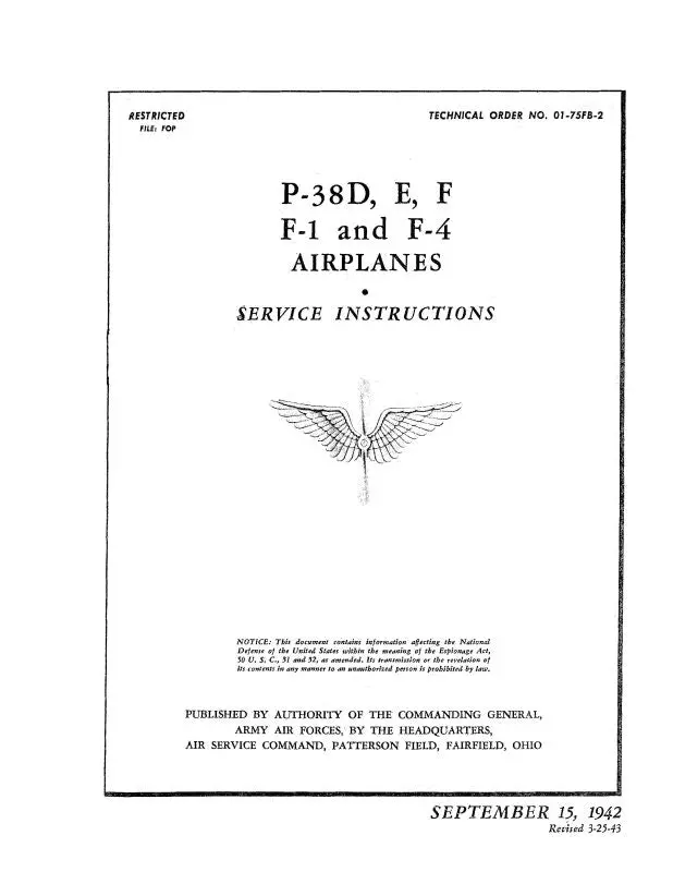 Lockheed P-38D,E,F  F-1 & F-4 1942 Maintenance Instructions (01-75Fb-2) 1