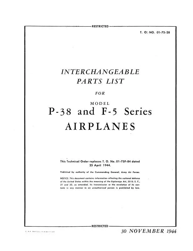 Lockheed P-38 & F-5 1944 Interchangeable Parts List Manual (T.O.No.01-75-28) 1