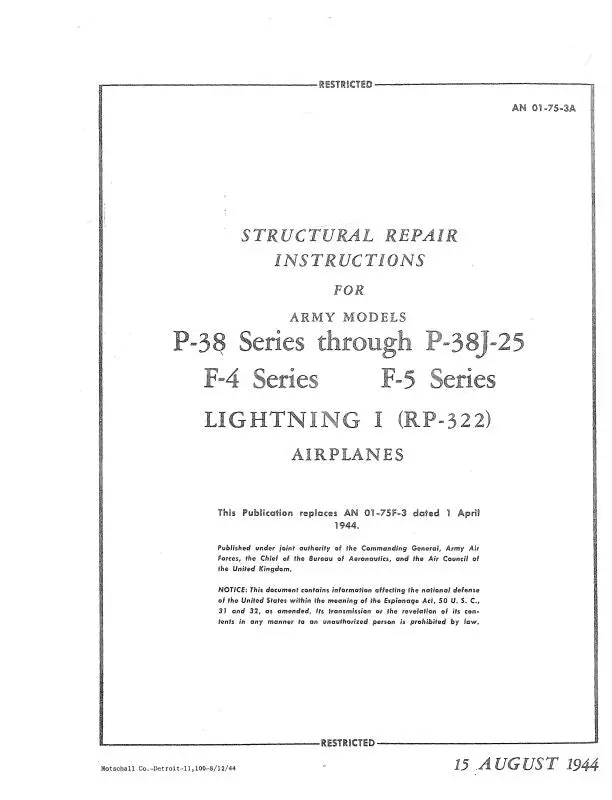Lockheed P-38 Ser Thru P-38J-25 1944 Structural Repair Instructions (01-75-3A) 1