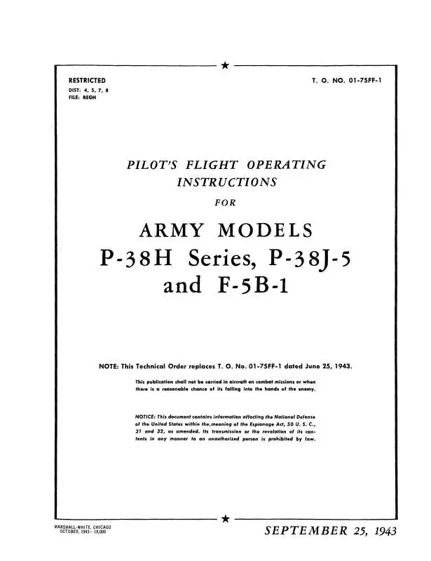 Lockheed P-38H, P-38J-5, F-5B-1 1943 Pilot's Flight Operating Instructions (01-75Ff-1) 1