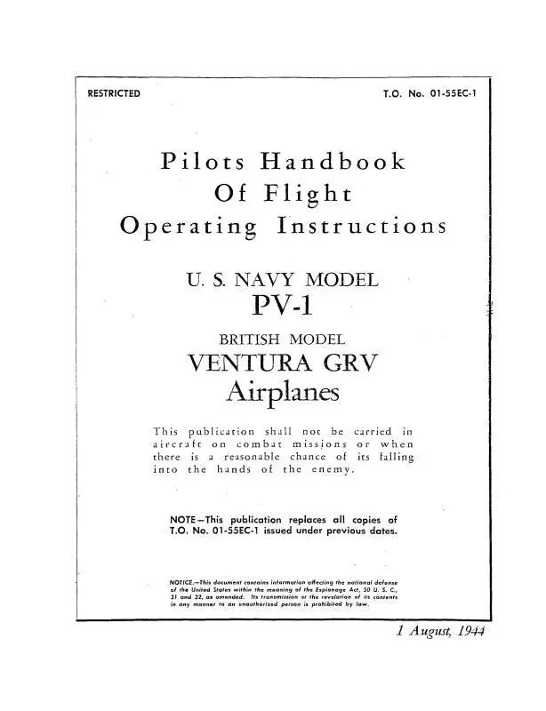 Lockheed Pv-1 Navy Model 1944 Pilot's Handbook Of Flight Operating Instructions (01-55Ec-1) 1