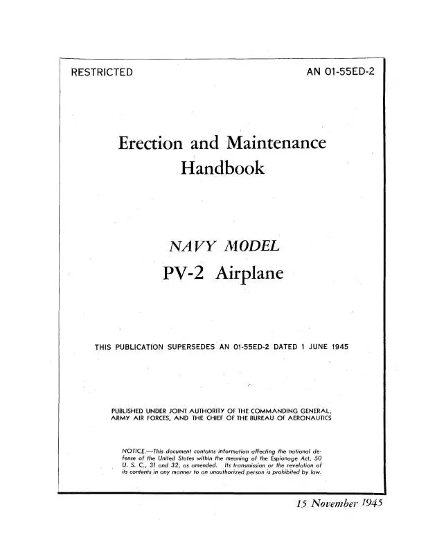 Lockheed Pv-2 Navy Airplane 1945 Erection & Maintenance Handbook (01-55Ed-2) 1