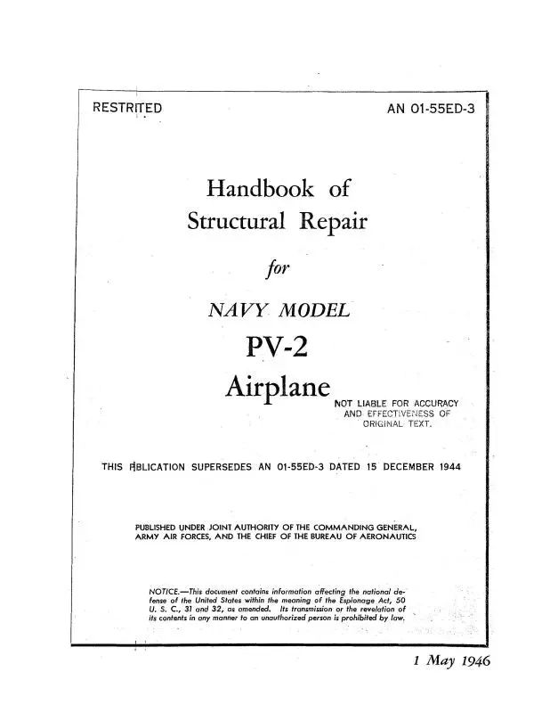 Lockheed Pv-2 Navy Airplane 1946 Structural Repair Handbook (01-55Ed-3) 1