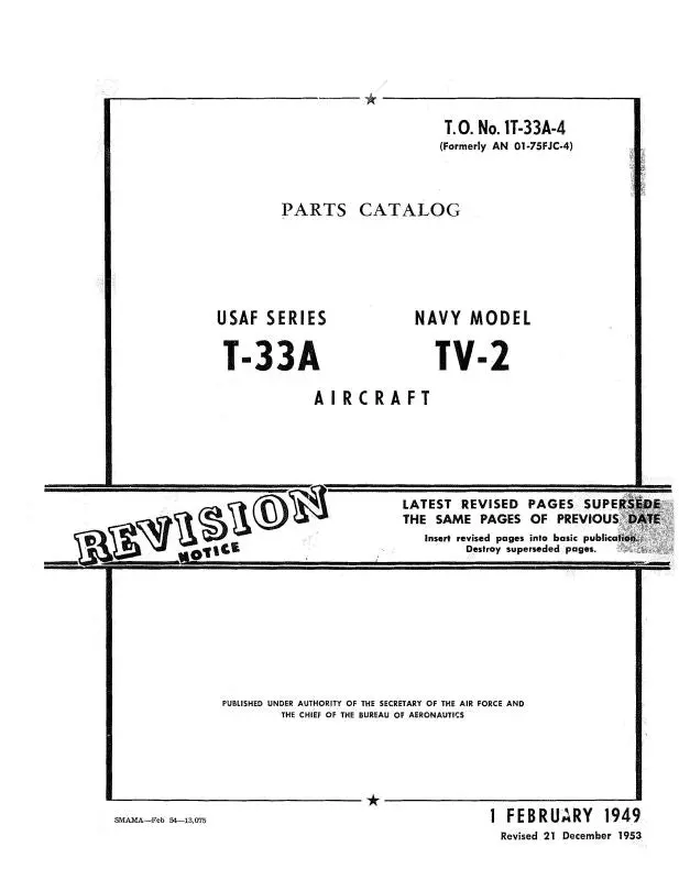 Lockheed T-33A Usaf, Navy Tv-2 1955 Parts Catalog (1T-33A-4) 1
