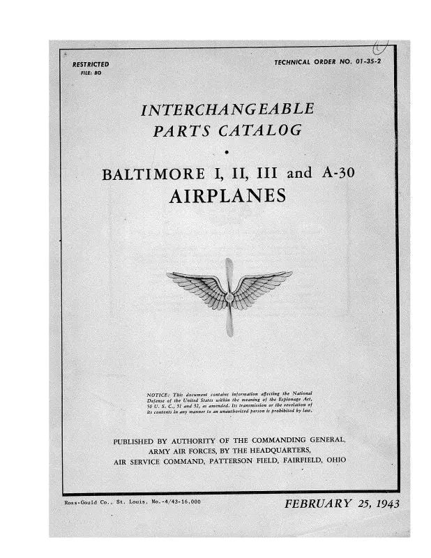 Martin Baltimore I,Ii,Iii, A-30 1943 Interchangeable Parts Catalog (01-35-2) 1