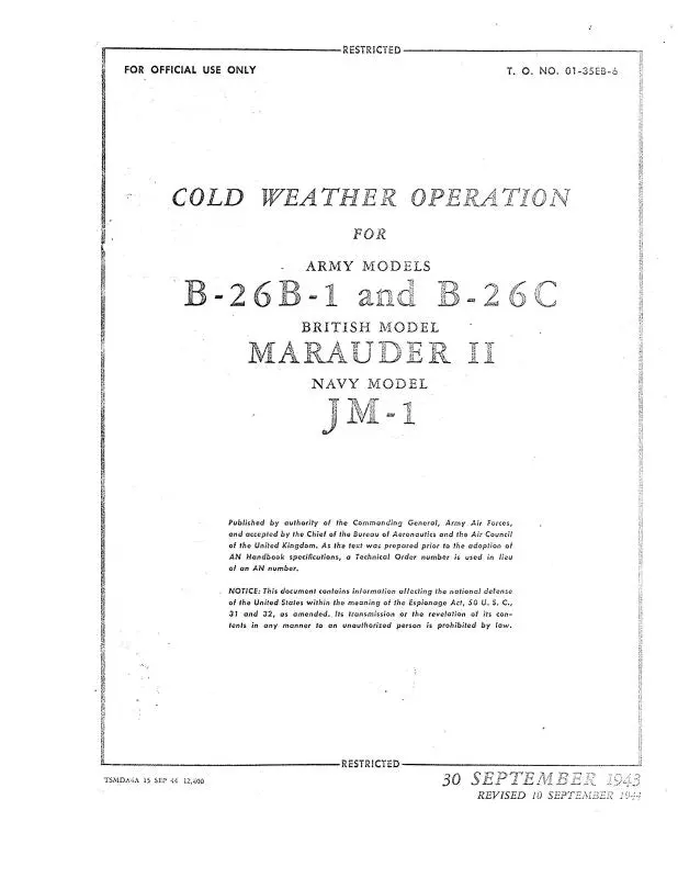 Martin B-26B-1,C,Marauderii,Jm-1 1943 Cold Weather Operation Manual (01-35Eb-6) 1