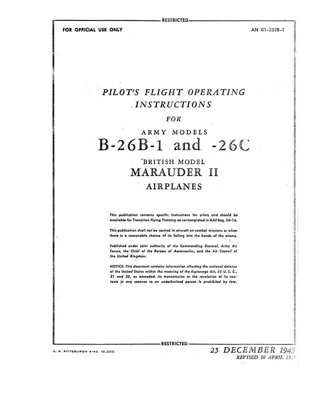 Martin B-26B-1,C, Marauder Ii 1943 Pilot's Flight Operating Instructions (01-35Eb-1) 1