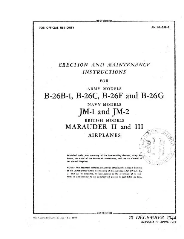 Martin B-26B-1, B-26C,F,G 1944 Erection & Maintenance Instructions (01-35E-2) 1