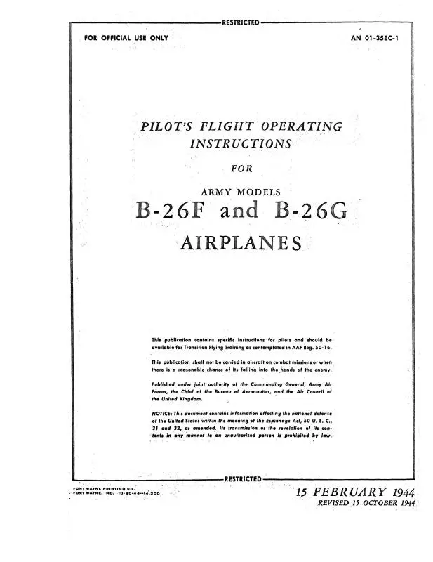 Martin B-26F & B-26G 1944 Pilot's Flight Operating Instructions (01-35Ec-1) 1