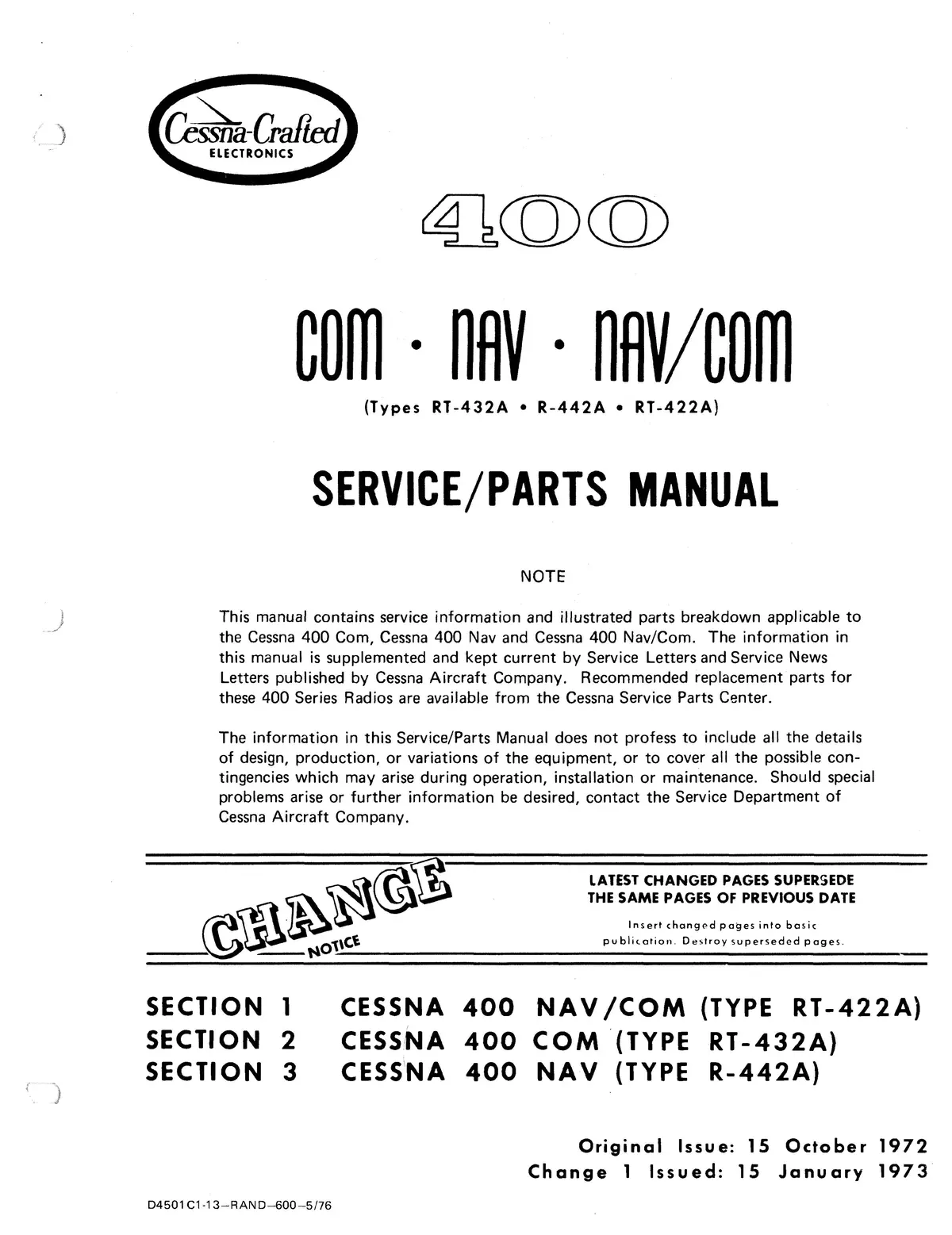 Cessna 400 Com/Nav Type Rt-432A, Rt-422A, R-442A Maintenance-Parts 1