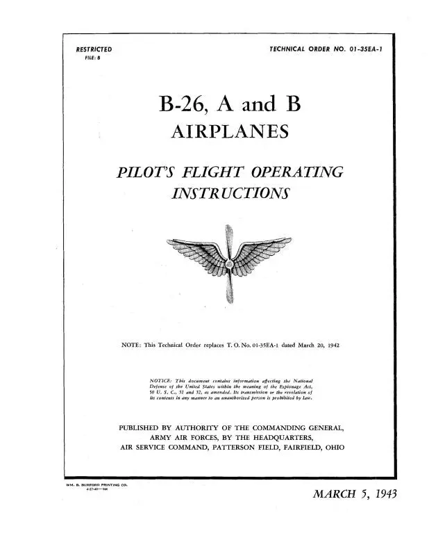 Martin B-26, 26A, B-26B 1943 Pilot's Flight Operating Instructions (01-35Ea-1) 1