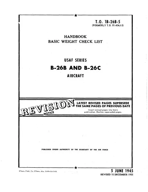 Mcdonnell Douglas B-26 1945 Basic Weight Pilot's Checklist (1B-26B-5) 1