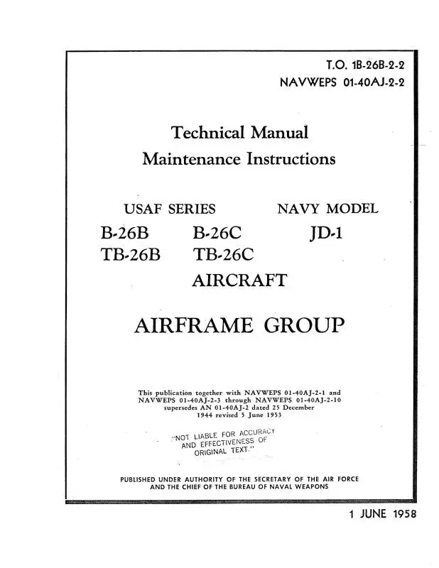 Mcdonnell Douglas B-26B,C, Tb-26B,C & Jd-1 Navy Maintenance Instructions (1B-26B-2-2) 1