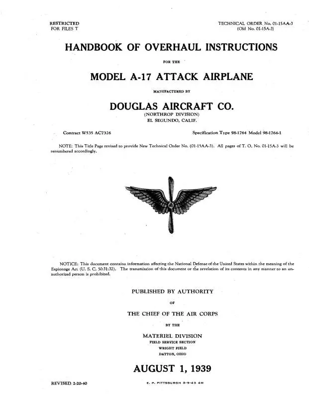 Mcdonnell Douglas A-17 & A17a  Attack Airplane 1939 Overhaul Instructions (01-15Aa-3/01-15Ab-3) 1