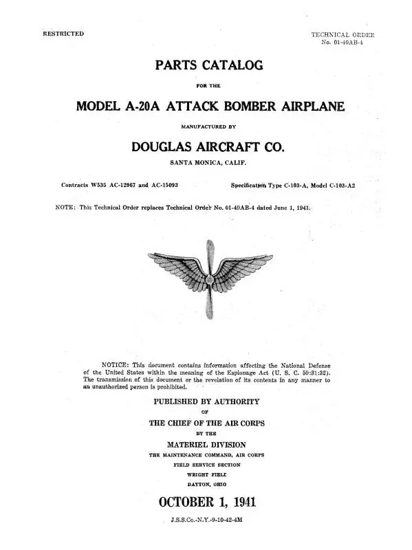 Mcdonnell Douglas A-20A Attack Bomber Airplane Parts Catalog (01-40Ab-4) 1