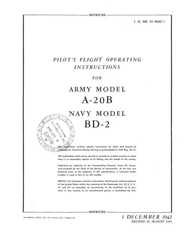 Mcdonnell Douglas A-20B Army, Bd-2 Navy 1942 Pilot's Flight Operating Instructions (01-40Ac-1) 1