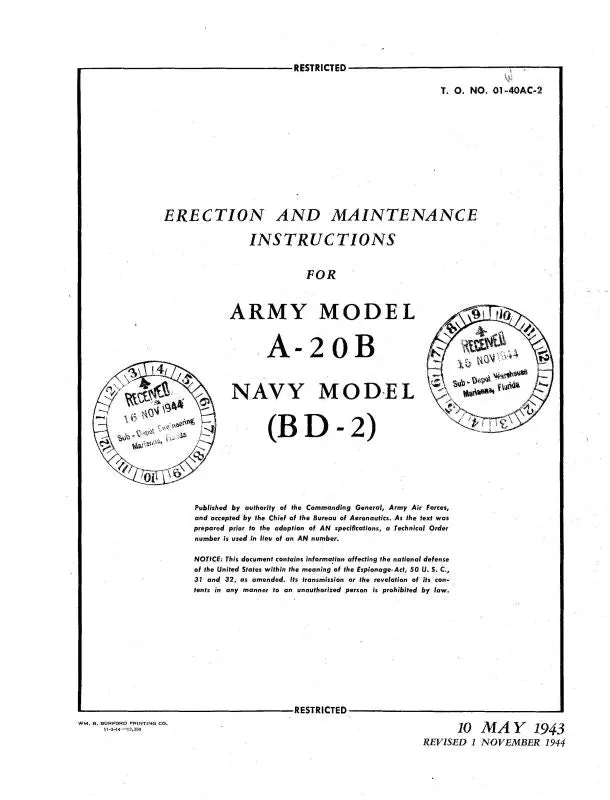 Mcdonnell Douglas A-20B Army, Bd-2 Navy 1943 Erection & Maintenance (01-40Ac-2) 1