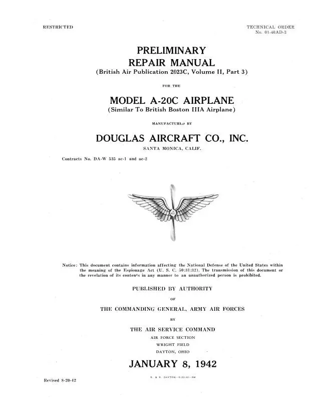 Mcdonnell Douglas A-20C 1942 Preliminary Repair Manual (01-40Ad-3) 1