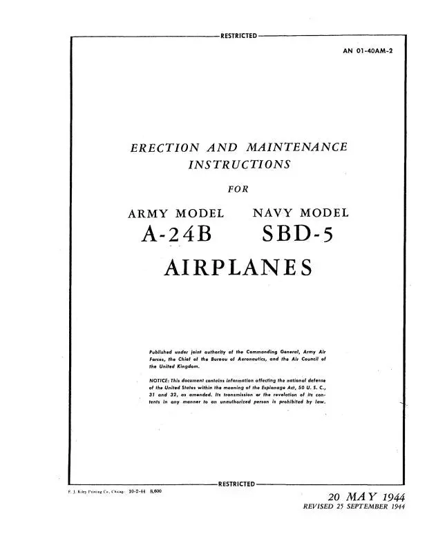 Mcdonnell Douglas A-24B Army, Sbd-5 Navy 1944 Erection & Maintenance Instructions (01-40Am-2) 1
