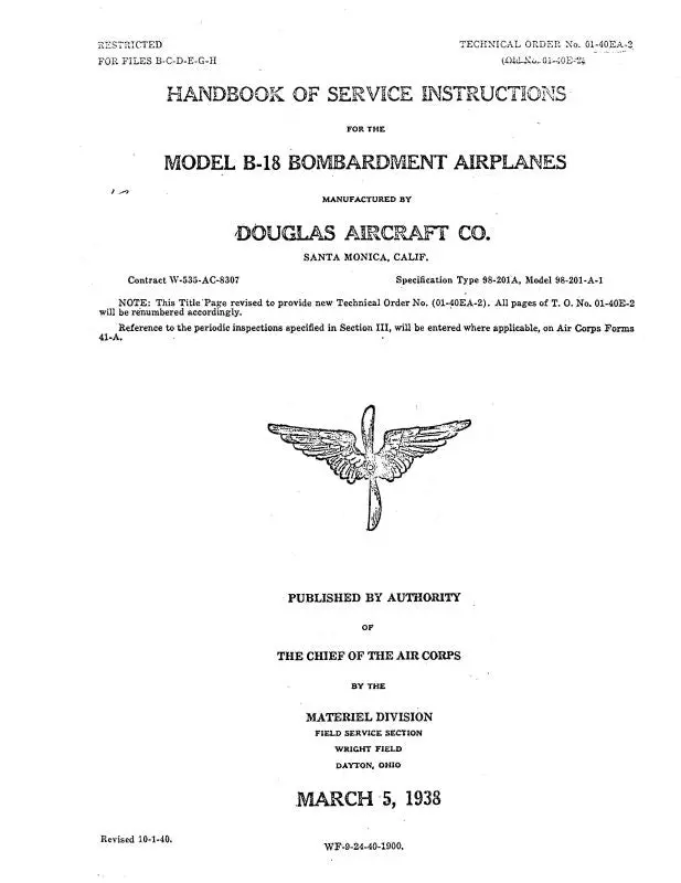 Mcdonnell Douglas B-18 Bombardment Airplanes1938 Maintenance Instructions (01-40Ea-2) 1