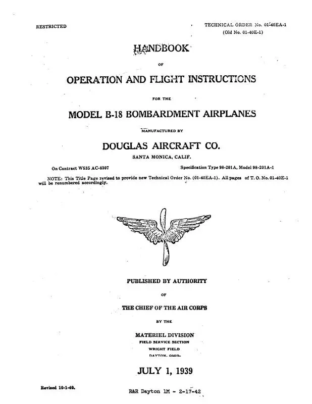 Mcdonnell Douglas B-18 Bombardment Airplanes1939 Operation & Flight Instructions (01-40Ea-1) 1