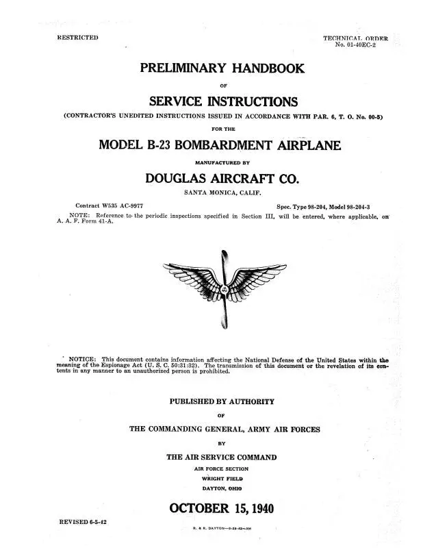 Mcdonnell Douglas B-23 Bombardment Airplane 1940 Maintenance Instructions (01-40Ec-2) 1