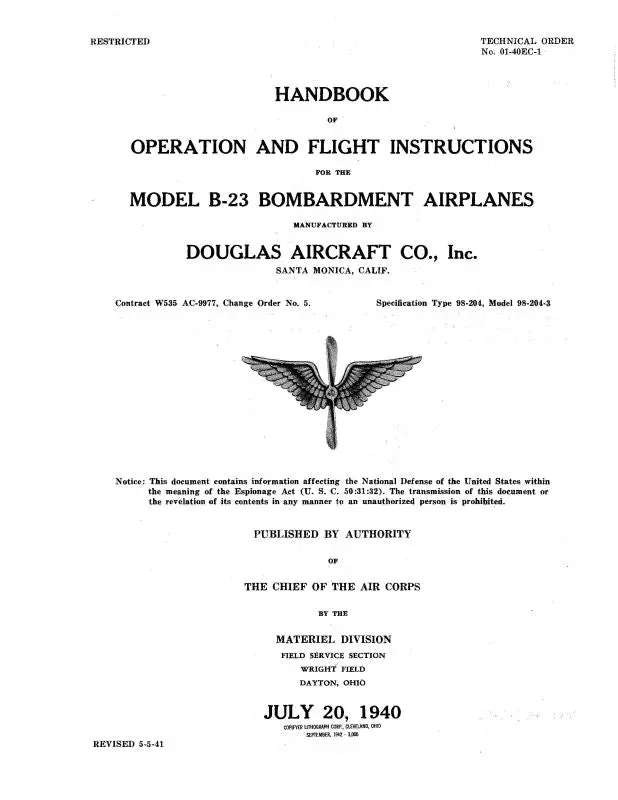 Mcdonnell Douglas B-23 Bombardment Airplane 1940 Operation & Flight Instructions (01-40Ec-1) 1