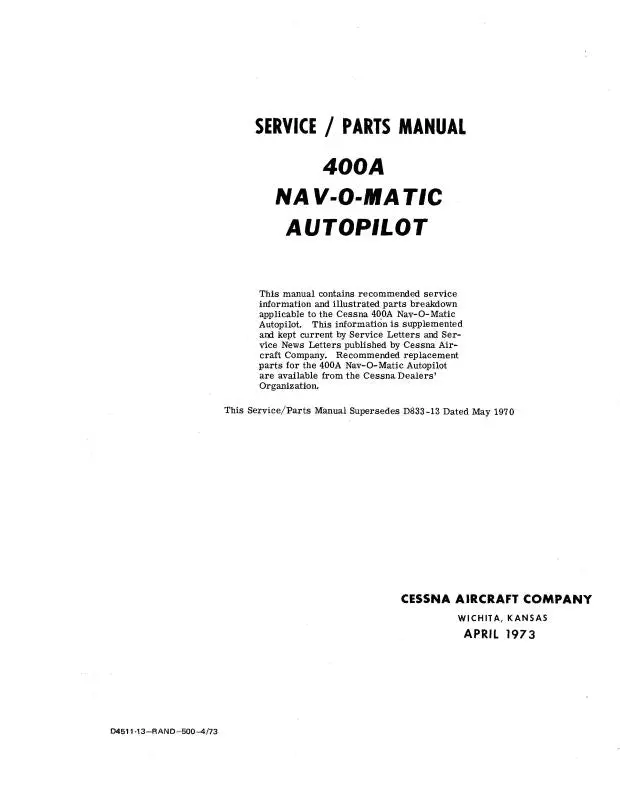 Cessna 400A Nav-O-Maticautopilot Maintenance-Parts Manual (D4522-13) 1