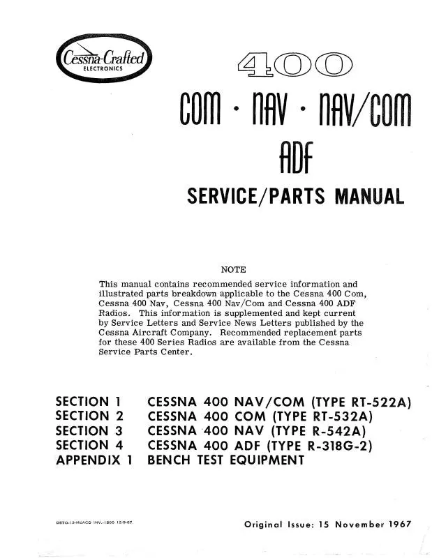 Cessna 400 Com,Nav, Nav-Comm Adf 1967 Maintenance & Parts Manual (D570-13) 1