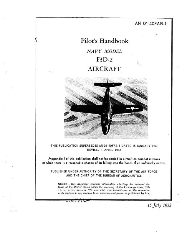 Mcdonnell Douglas F3d-2 Navy Model 1952 Pilot's Flight Handbook (01-40Fab-1) 1