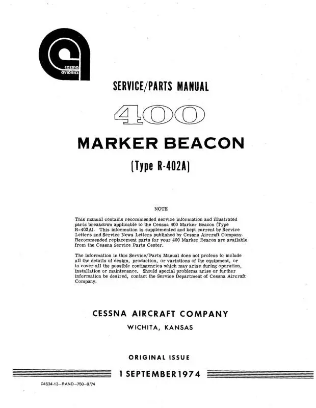 Cessna 400 Marker Beacon R-402A Maintenance, Parts Manual (D4534-13) 1