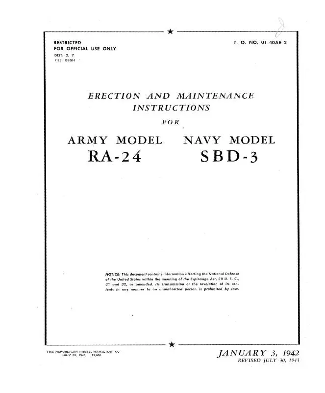 Mcdonnell Douglas Ra-24 Army, Sbd-3 Navy 1942 Erection & Maintenance Instructions (01-40Ae-2) 1