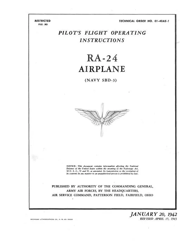 Mcdonnell Douglas Ra-24 Army, Sbd-3 Navy 1942 Pilot's Flight Operating Instructions (01-40Ae-1) 1