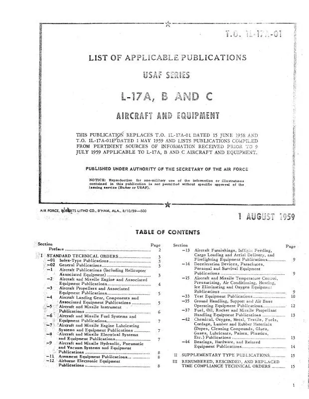 Navion L-17A, L-17B, L-17C 1959 List Of Applicable Publications (1L-17A-01) 1