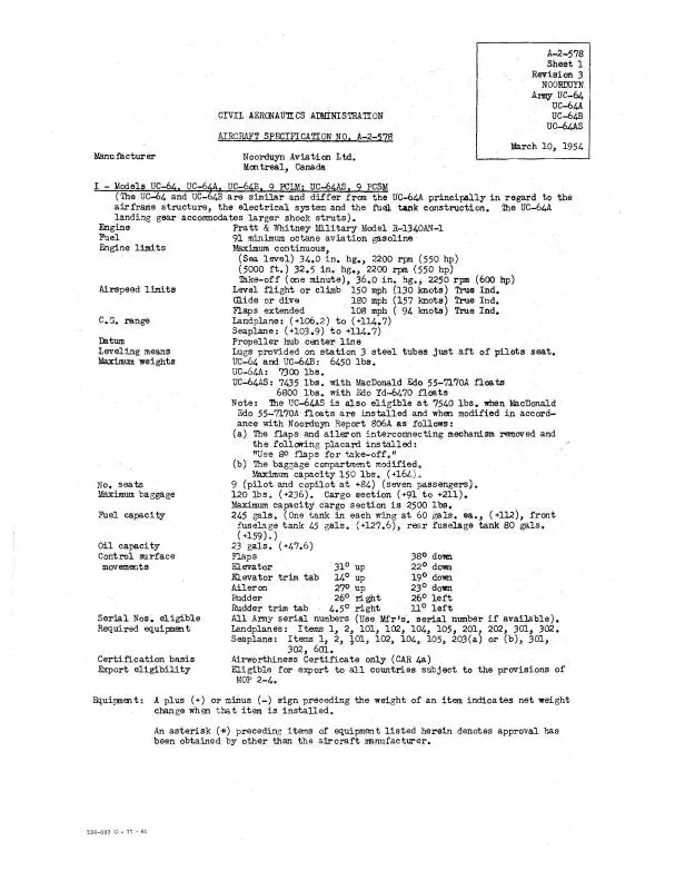Noorduyn Aviation Uc-64,-64A,B,As 1954 Aircraft Specification (Spec.-No.-A-2-5) 1