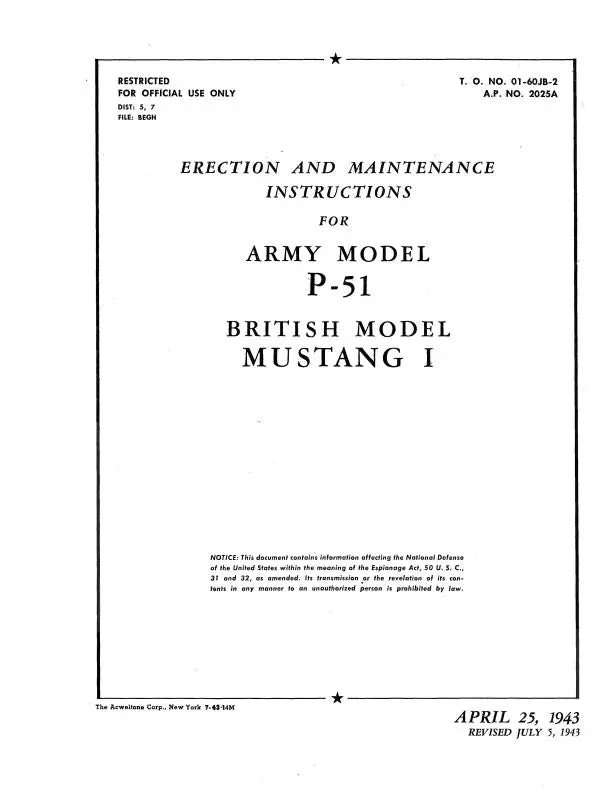 North American P-51 Mustang I 1943 Erection & Maintenance Instructions (01-60Jb-2) 1