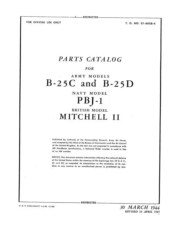 North American B-25C, B-25D & Pbj-1 1944 Parts Catalog (01-60Gb-4) 1