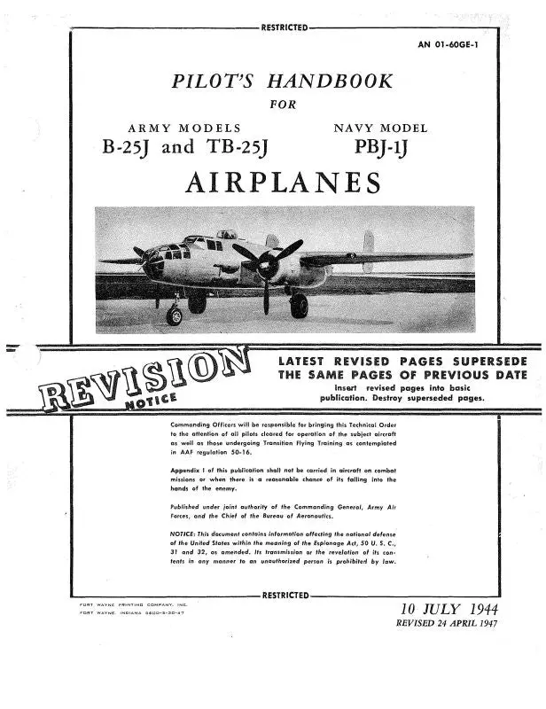 North American B-25J, Tb-25J Navy Pbj-1J 1944 Pilot's Flight Handbook (An-01-60Ge-1) 1