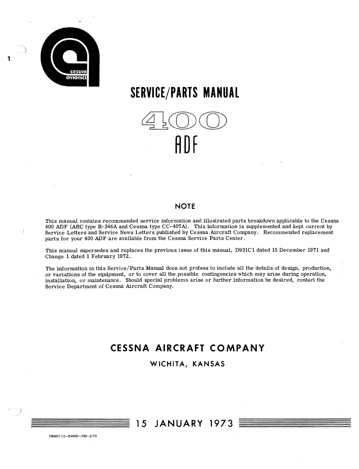 Cessna 400 Adf R-346A 1973 Maintenance & Parts Manual (D4507-13) 1