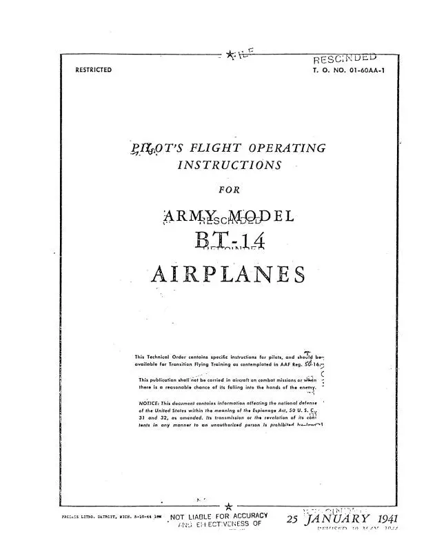 North American Bt-14 1941 Pilot's Flight Operating Instructions (01-60Aa-1) 1
