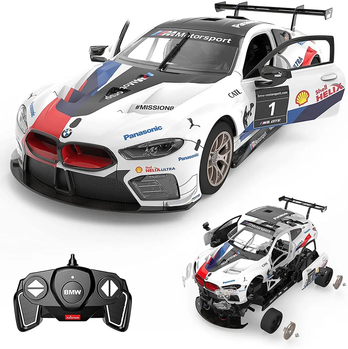 Bmw M8 Gte 1/18 Scale Diy Building Rc Car Kit Licensed With Remote Control And Customization Stickers By Rastar, 74Pcs 1