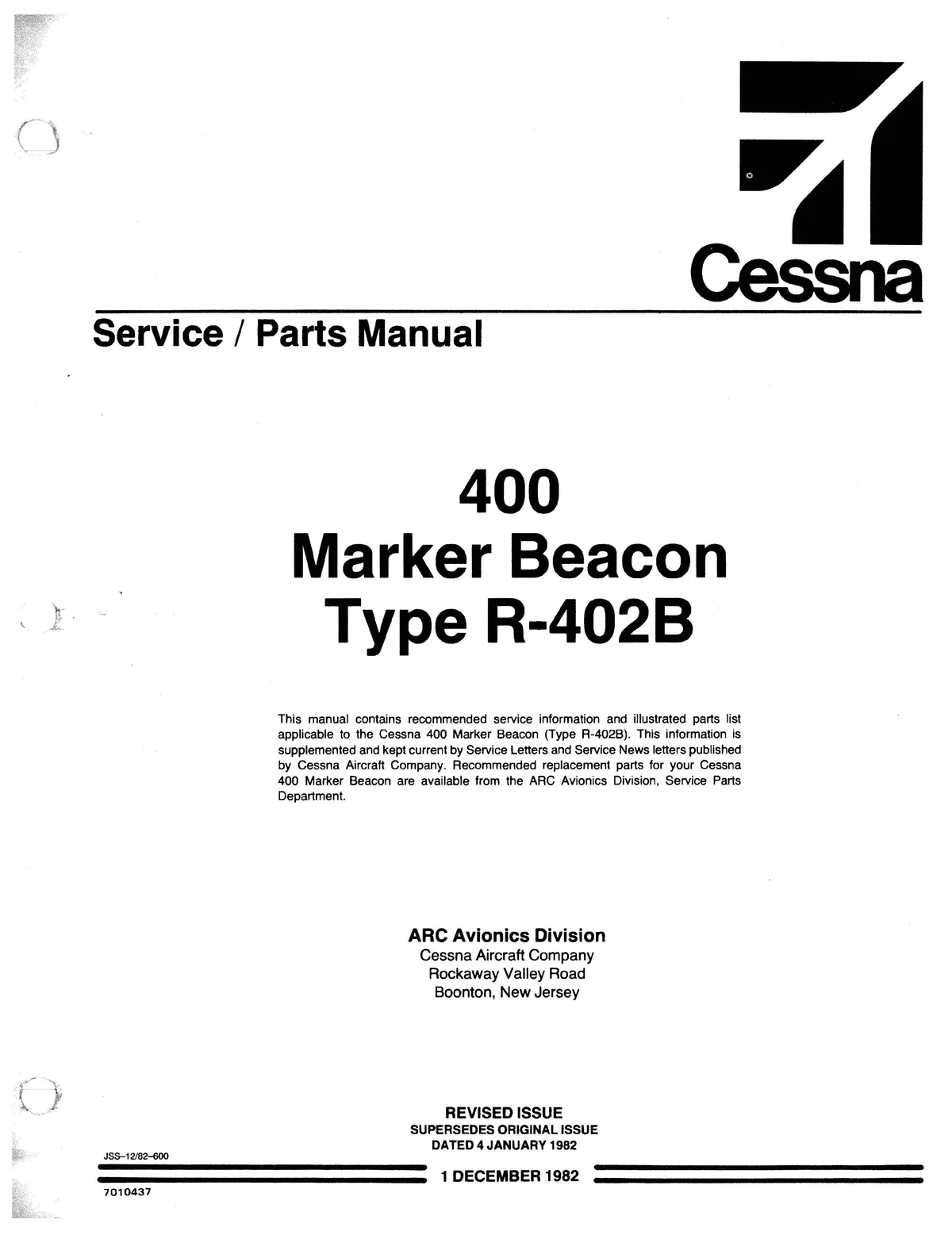 Cessna 400 Marker Beacon R-402B Maintenance & Parts Manual 7010437 1