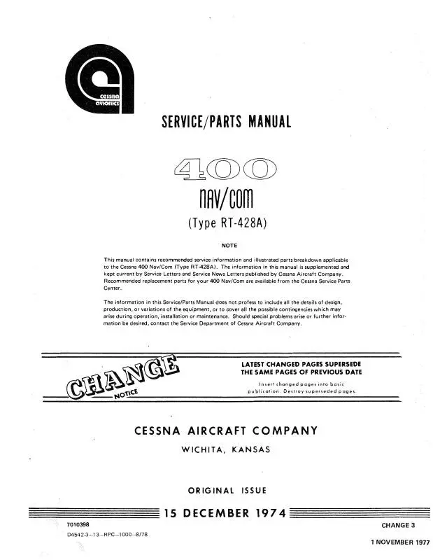 Cessna 400 Nav-Com Rt-428A 1974 Maintenance & Parts Manual (D4542-13) 1